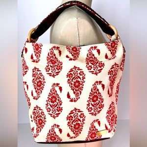 Stephanie Johnson Red Cream Printed Canvas Tote w Faux Leather Strap